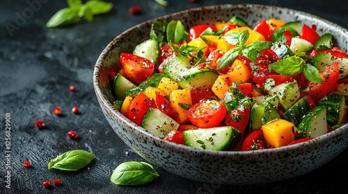 Fresh vegetable salad with colorful ingredients garnished with herbs on a dark textured background