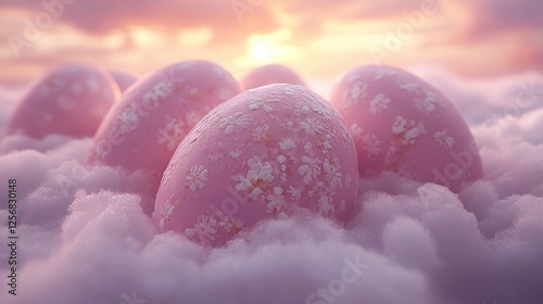 Delicate pink eggs adorned with floral patterns nestled in soft clouds during a serene sunset