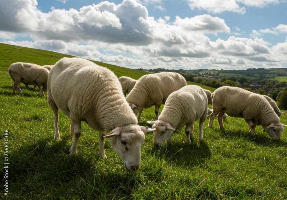 Peaceful morning grazing: flock of sheep on lush green hills under blue sky Peaceful morning grazing: flock of sheep on lush green hills under blue sky