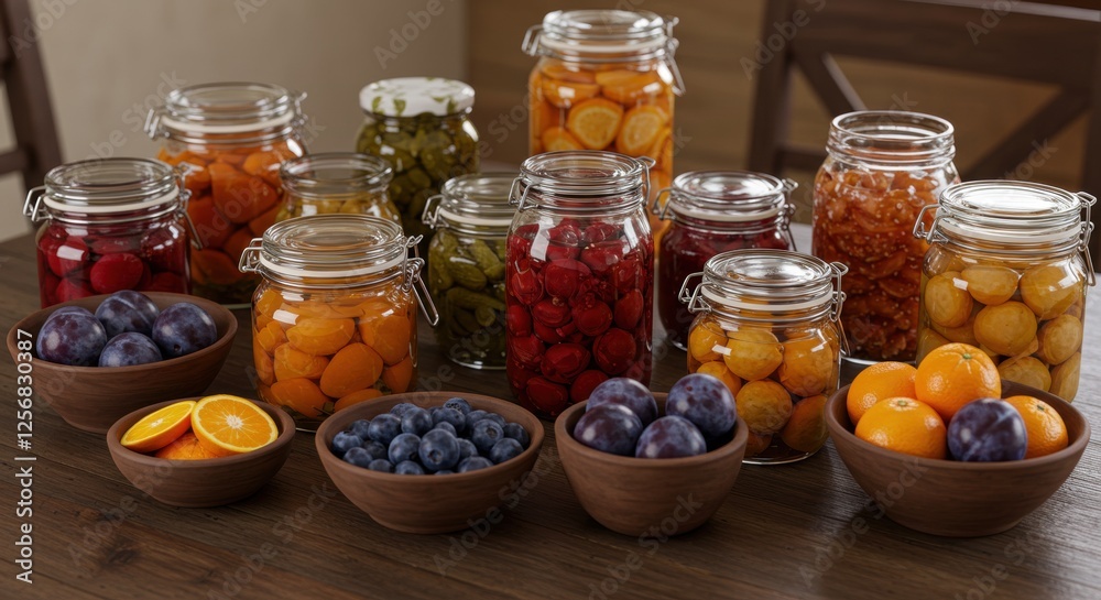 Assorted fresh and pickled fruits in glass jars and bowls on wooden table Assorted fresh and pickled fruits in glass jars and bowls on wooden table