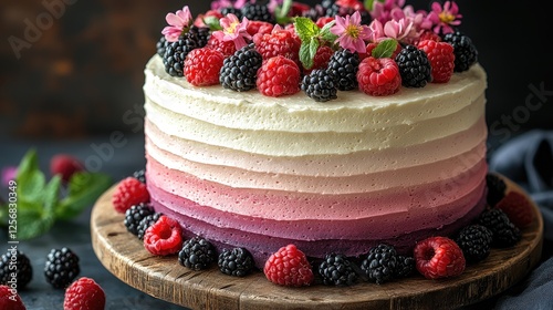 A beautifully layered ombre cake topped with fresh berries and mint leaves on a rustic wooden board