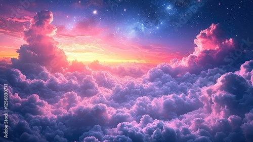 Vibrant sunset over fluffy clouds with a starry sky, creating a serene and dreamy atmosphere