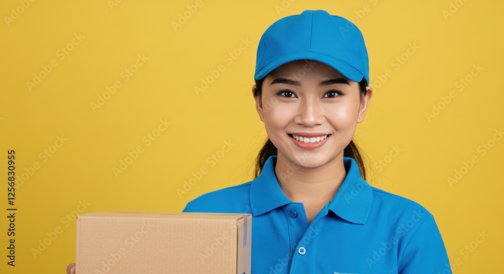 Smiling delivery courier in blue uniform with package on yellow background Smiling delivery courier in blue uniform with package on yellow background