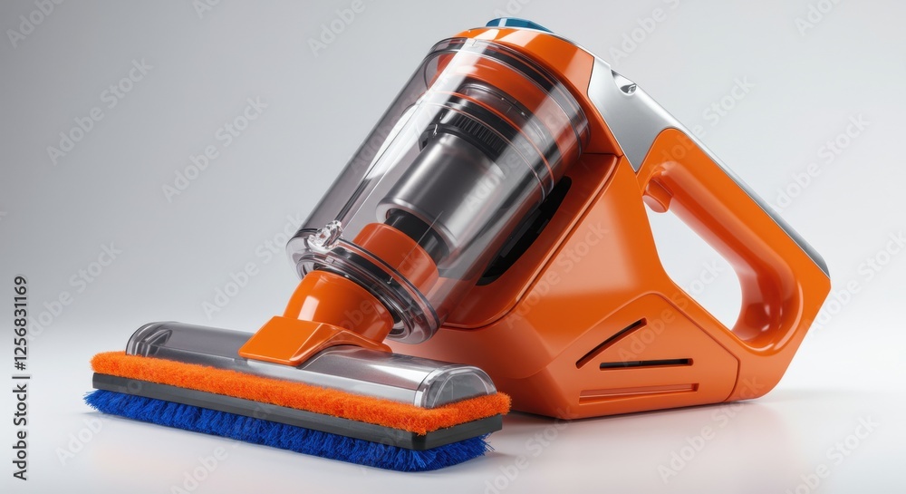 Modern orange cordless vacuum cleaner with transparent dustbin and brush attachment Modern orange cordless vacuum cleaner with transparent dustbin and brush attachment