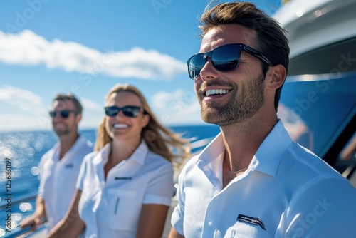 A crew assisting guests on a private yacht-style cruise, showcasing exclusivity and impeccable service