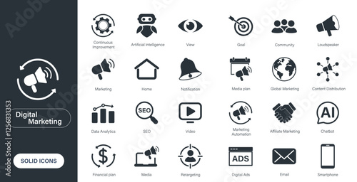 Solid vector icons themed around digital marketing, business, SEO, loudspeakers, and technology