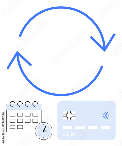 Blue arrows, calendar, clock, and credit card depicting recurring payments, subscriptions, time management, automation, and seamless transactions. Ideal for finance scheduling and abstract line