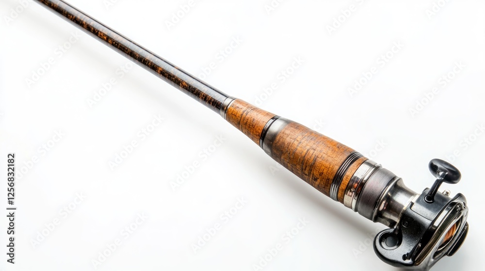 Naklejka premium Fishing rod, spinning reel, close-up, white background