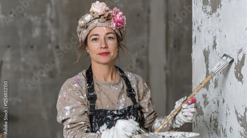 Woman painting wall with flowers in hair, indoors. Possible use DIY home improvement photo