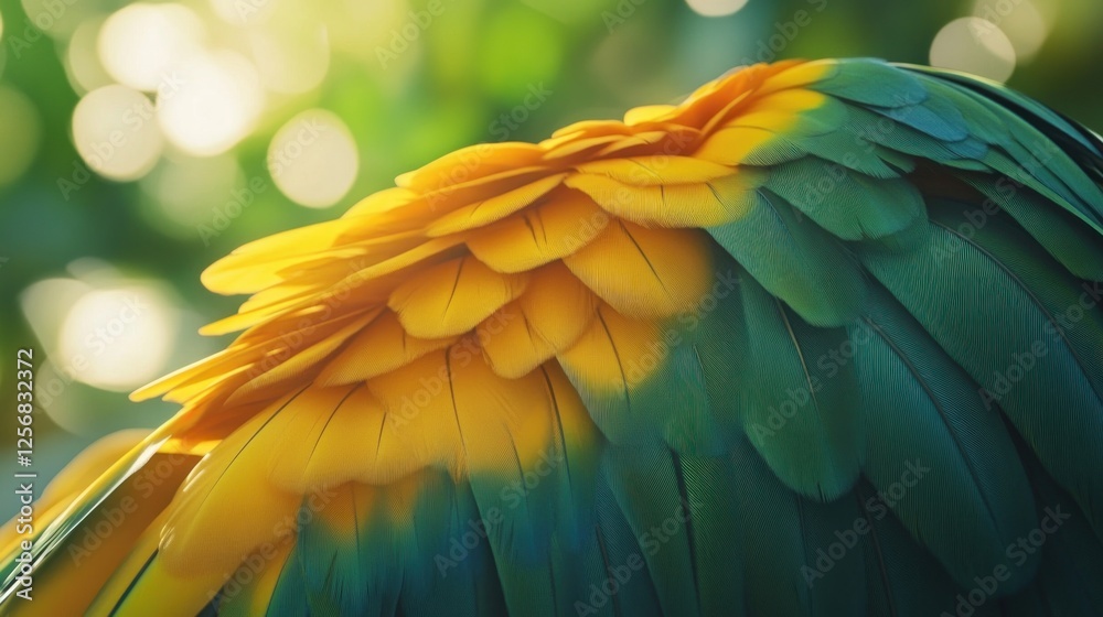 Fototapeta premium Sunlit Parrot Feathers, Jungle Background, Close-up, Nature Photography