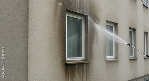 Pressure washing removes dirt from building exterior walls and windows for a clean finish