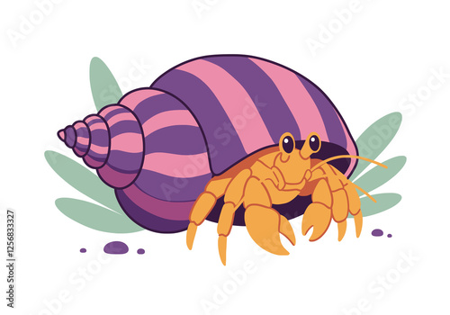 Clip Art Hermit Crab. Hermit crab with purple and pink striped shell and orange body. Vector illustration design. photo