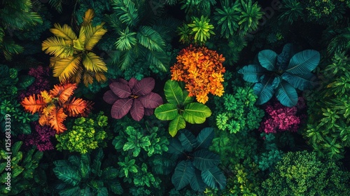 Aerial view of a vibrant tropical forest showcasing diverse foliage and colorful flowers