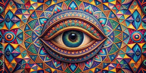 Geometric shapes surrounding a large almond-shaped eye with intricate details and vibrant colors against an abstract geometric background, abstract background, colorful eye