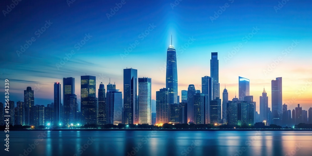 Fototapeta premium Minimalist cityscape at dusk with a blue horizon and silhouetted skyscrapers , cityscape, modernity