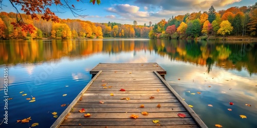 wooden dock on serene autumn lake, autumn leaves falling from trees, wooden structure on lake