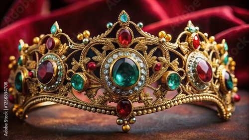 Ornate headpiece with intricate metalwork and gemstones set on a velvet background, decorative headbands, gold accents