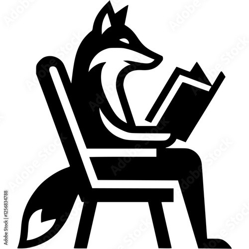 Wise old fox sits reading a book in a chair side view in monochrome. Engraving minimalistic vector in black ink drawing on transparent background