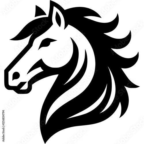 Tattoo emblem of horse head with mane close up side view in monochrome. Engraving minimalistic vector in black ink drawing on transparent background