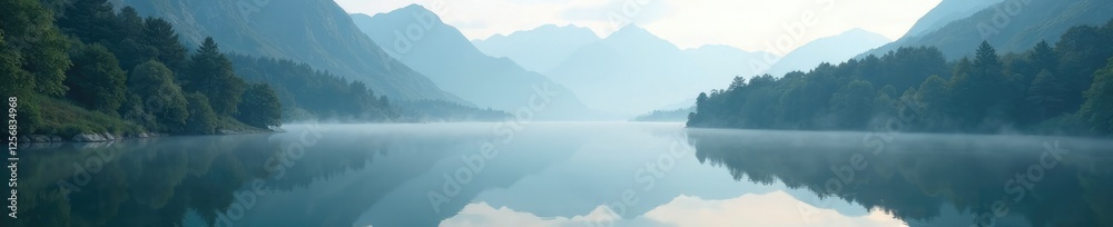 Fototapeta premium Reflections of misty mountains on the calm surface of a pond, trees, mountains, nature