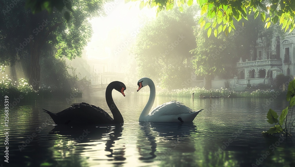 Black and White Swans Swim Gracefully on Serene Lake at Dawn near Picturesque Mansion, Reflecting Tranquility and Beauty Black and White Swans Swim Gracefully on Serene Lake at Dawn near Picturesque Mansion, Reflecting Tranquility and Beauty