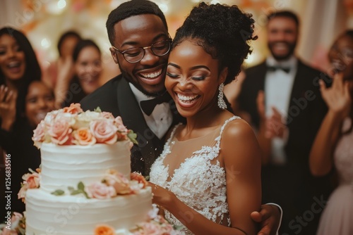 Happy couple cutting wedding cake, guests clapping