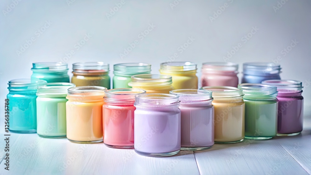 Set of Pastel Acrylic Paint Jars on White Canvas - Art Supplies, Colorful Art, Painting Materials, Creative Process, Artist Essentials, Crafting Inspiration, Vibrant Hues, Studio Setup Set of Pastel Acrylic Paint Jars on White Canvas - Art Supplies, Colorful Art, Painting Materials, Creative Process, Artist Essentials, Crafting Inspiration, Vibrant Hues, Studio Setup
