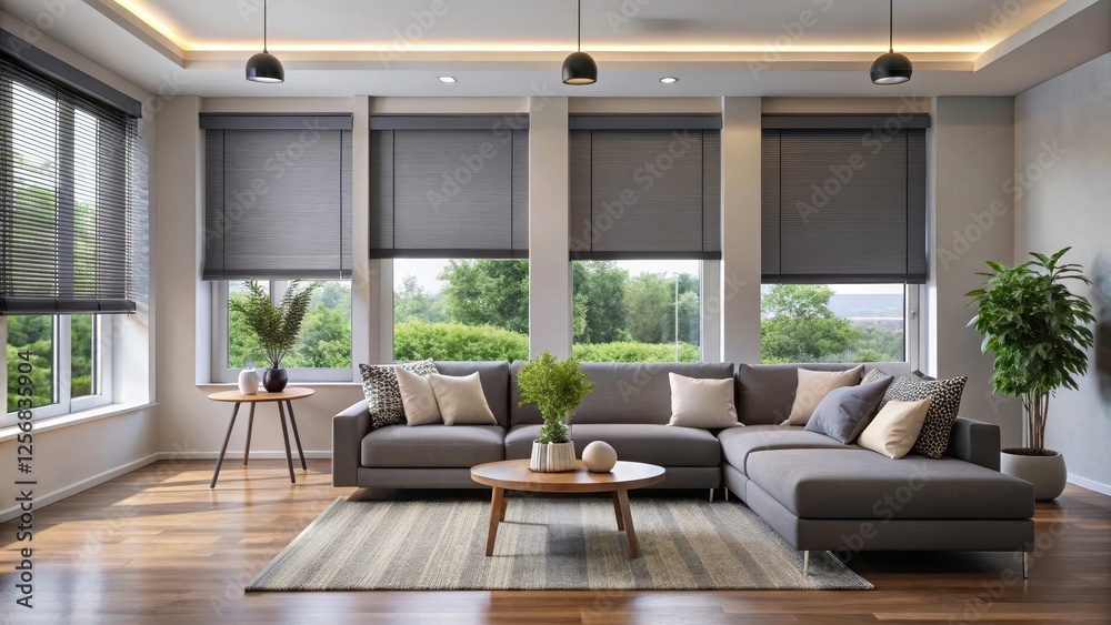 Fototapeta premium Modern living room with gray blackout roller blind covering windows and shutters on plastic window, interior design, modern living room