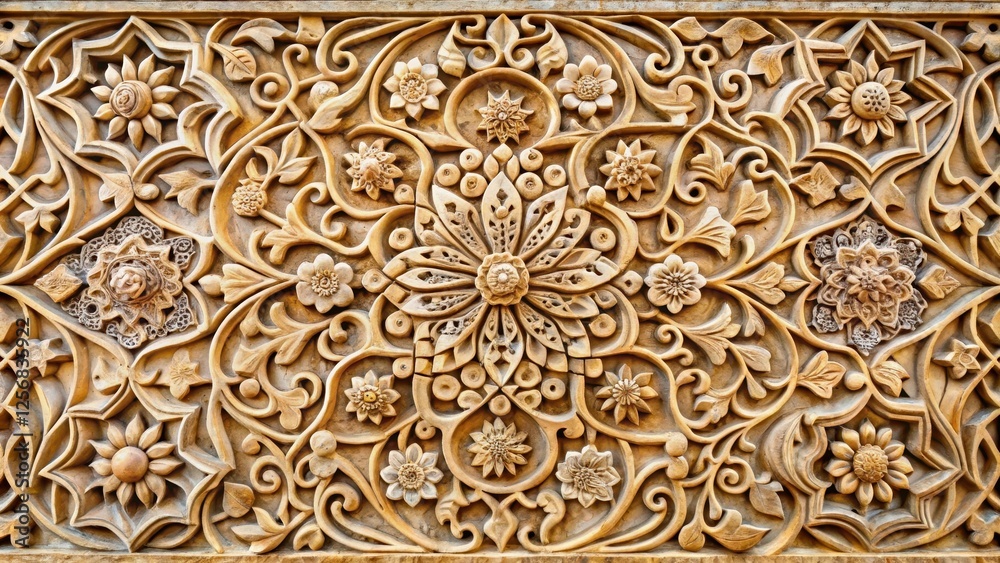 Intricate stone sculpture featuring ornate floral patterns and swirl designs that blend seamlessly into a vibrant cultural heritage backdrop, swirling motif, stone carving Intricate stone sculpture featuring ornate floral patterns and swirl designs that blend seamlessly into a vibrant cultural heritage backdrop, swirling motif, stone carving