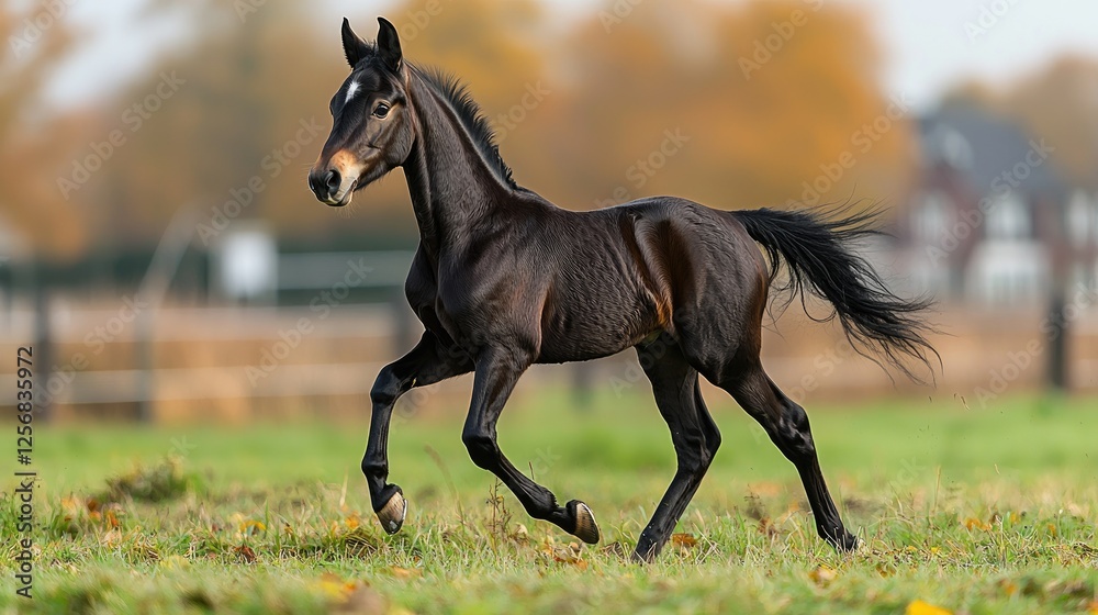 Dark Bay Foal Galloping Across Autumnal Pasture Dark Bay Foal Galloping Across Autumnal Pasture