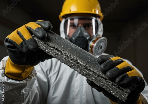 Construction worker handling asbestos safely in protective gear