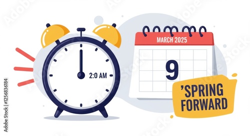 Daylight saving time concept with clock and calendar for march 2025 event photo