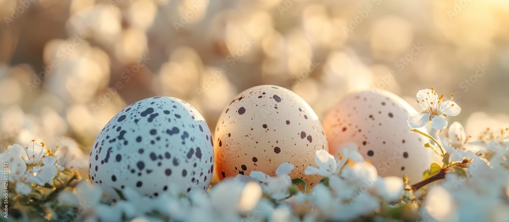 Fototapeta premium Spring eggs blossom garden sunrise card