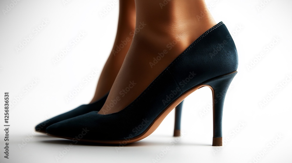 Woman's Feet Wearing Blue Glitter High Heel Shoes on White Background Woman's Feet Wearing Blue Glitter High Heel Shoes on White Background