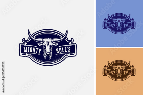 Bulls head logo with mighty bull's text, ideal for sports team branding, financial companies, or any business symbolizing strength and determination. EPS layered vector