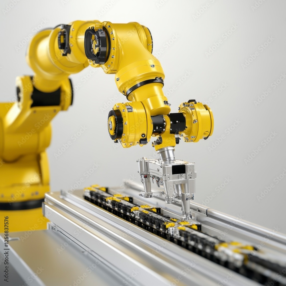 Industrial Robot Arm Operating on Automated Assembly Line Equipment Industrial Robot Arm Operating on Automated Assembly Line Equipment