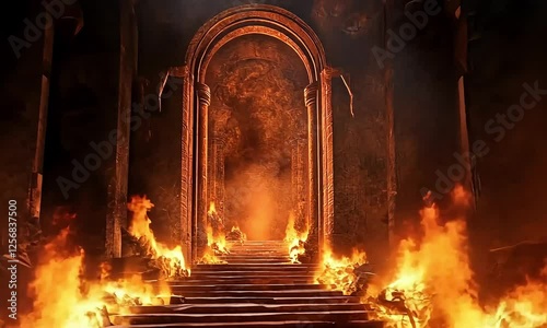 Illustration of a fiery cursed hell gate surrounded by smoke and flames, evoking a dark and ominous atmosphere. Generative AI.