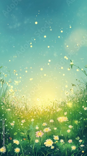 Sunny meadow with wildflowers and shimmering light floats in sky
