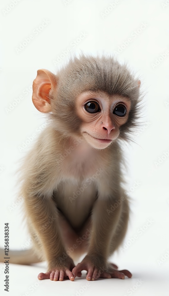Fototapeta premium A young monkey a cute baby monkey in a studio environment small monkey, sitting with pastel, a young monkey in a pristine white background with soft lighting, warm light color