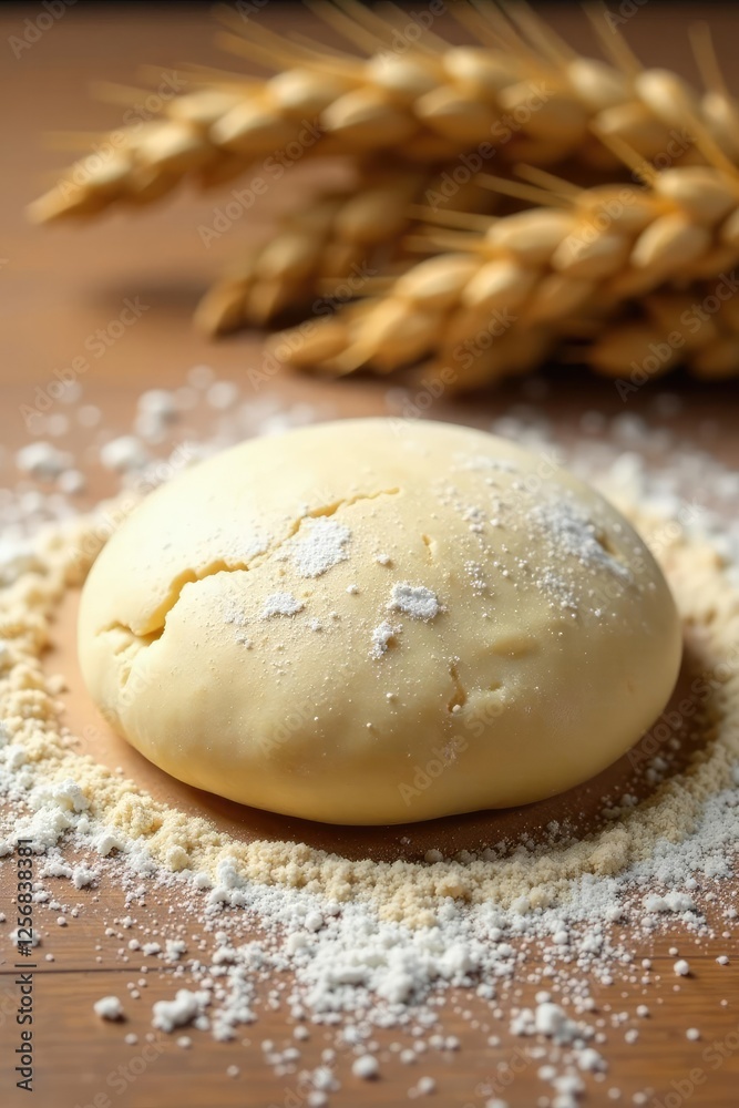 Soft wheat dough rests on a dusty flour surface, wheat, rustic, grain Soft wheat dough rests on a dusty flour surface, wheat, rustic, grain