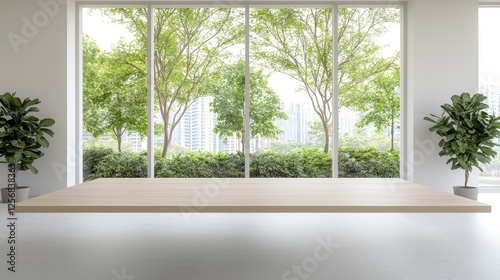 Empty light wooden table with city and tree view.  Modern interior design  suitable for product display