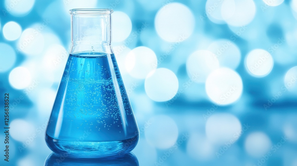 A glass flask filled with blue liquid stands against a soft, blurred blue background, highlighting a scientific theme. A glass flask filled with blue liquid stands against a soft, blurred blue background, highlighting a scientific theme.
