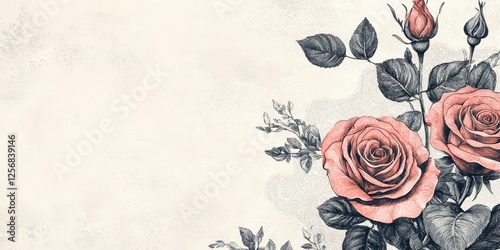 Rose blossoms with leaves and stems are elegantly drawn