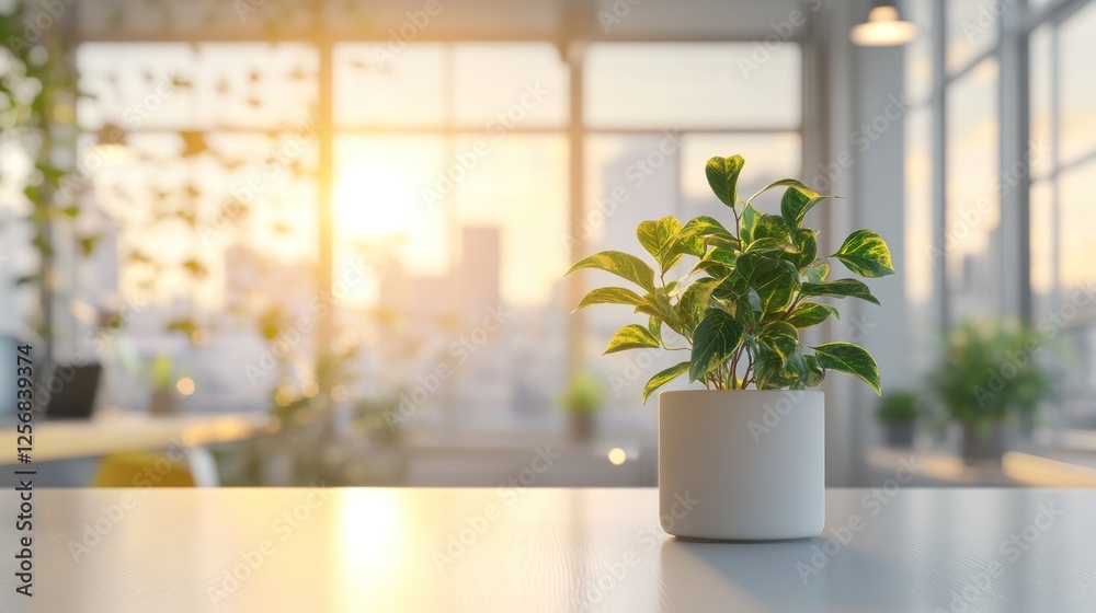 Potted plant on table with sunset view in modern office Potted plant on table with sunset view in modern office