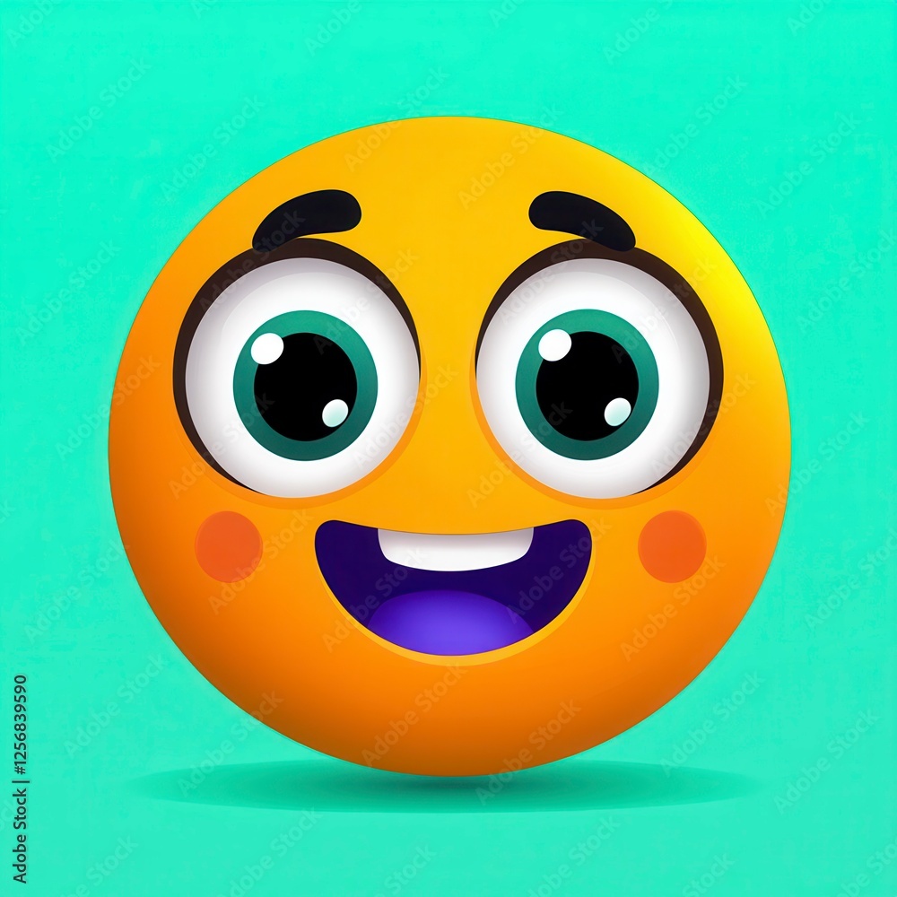 Happy Cartoon Emoji with Big Eyes and Bright Smile on Turquoise Background Happy Cartoon Emoji with Big Eyes and Bright Smile on Turquoise Background