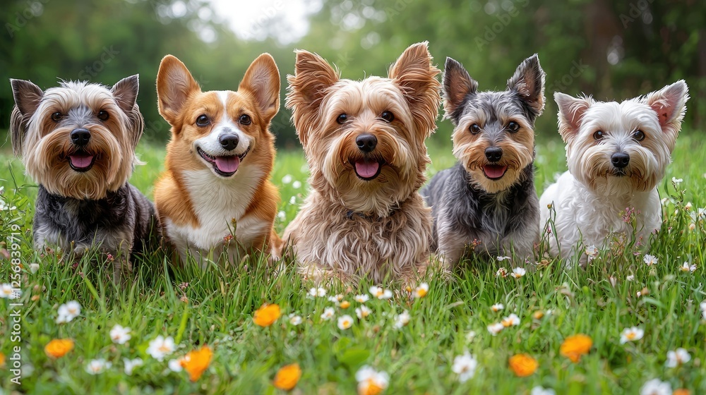 Five Small Dogs Sitting in a Flowery Meadow