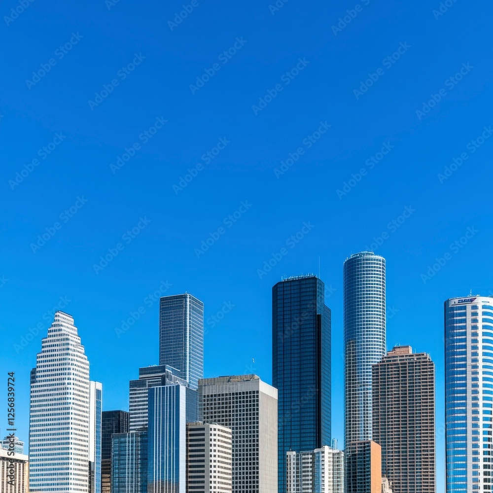 Modern City Skyline with Tall Buildings Against Clear Blue Sky Modern City Skyline with Tall Buildings Against Clear Blue Sky