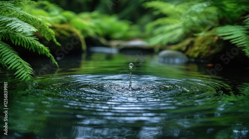 Serene Water Droplet Creating Ripples in a Lush Green Forest Pond Surrounded by Ferns