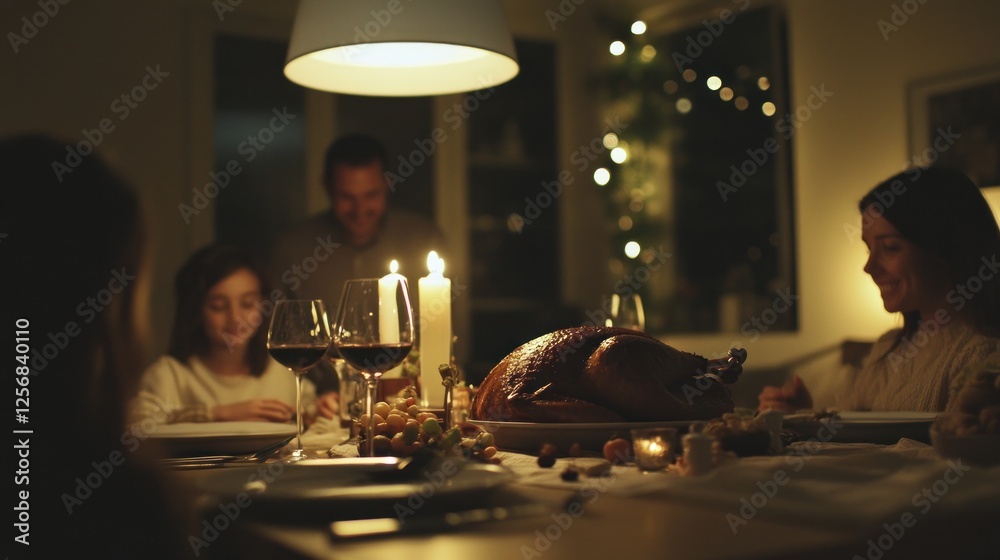 Naklejka premium Family gathering around a beautifully set dinner table with a roasted turkey, candles lit, and festive decorations