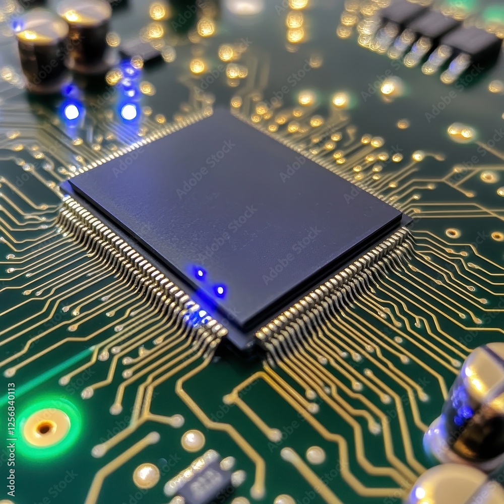 Close-Up of Circuit Board with Microchip and Light Indicators Close-Up of Circuit Board with Microchip and Light Indicators
